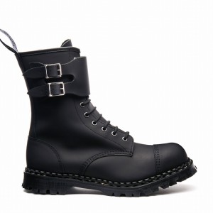 Solovair Greasy 10 Eye Steel Toe Capped Zip Twin Strap Uomo Stivali Derby Nere | GF10-1982-BG-ZIP-045