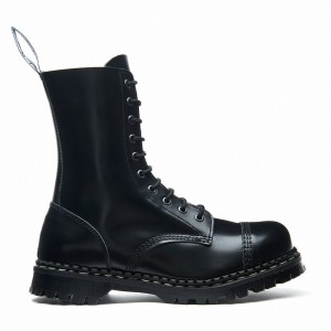 Solovair Hi-Shine 10 Eye Steel Toe Capped Uomo Stivali Derby Nere | GF10-1980-BK-030