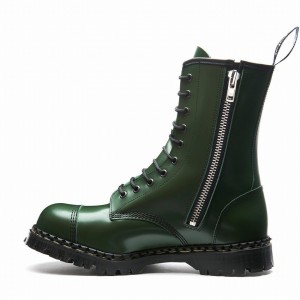Solovair Hi-Shine 10 Eye Steel Toe Capped Zip Uomo Stivali Derby Verdi | GF10-1980-GN-ZIP-035