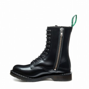 Solovair Hi-Shine 11 Eye Zip Donna Stivali Derby Nere | S11-981-BK-ZIP-G-030