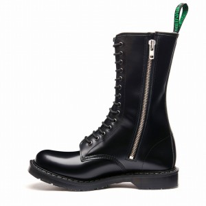 Solovair Hi-Shine 14 Eye Zip Uomo Stivali Derby Nere | S14-14-BK-ZIP-G-030