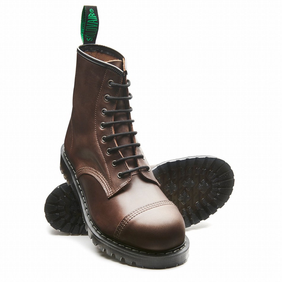 Solovair Gaucho Crazy Horse 8 Eye Steel Toe Uomo Stivali Derby Marroni | SC8-1550-CH-G-060
