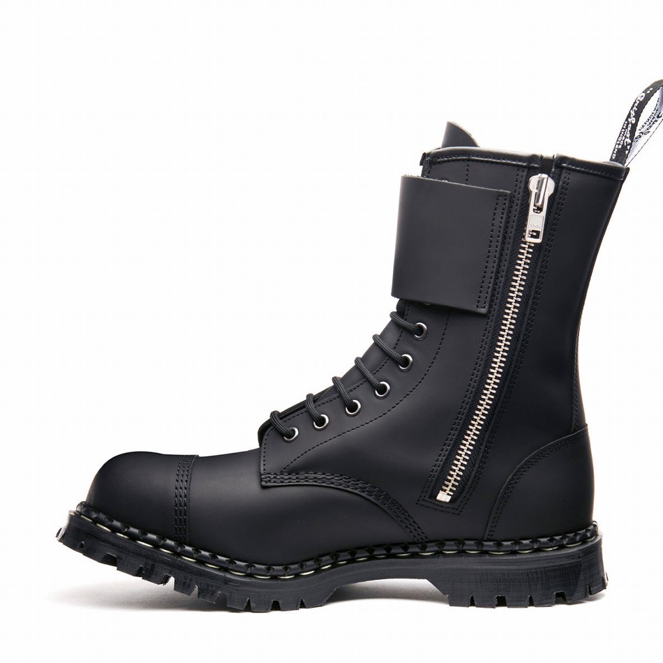 Solovair Greasy 10 Eye Steel Toe Capped Zip Twin Strap Uomo Stivali Derby Nere | GF10-1982-BG-ZIP-045