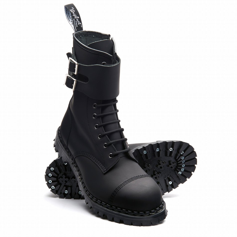 Solovair Greasy 10 Eye Steel Toe Capped Zip Twin Strap Uomo Stivali Derby Nere | GF10-1982-BG-ZIP-045