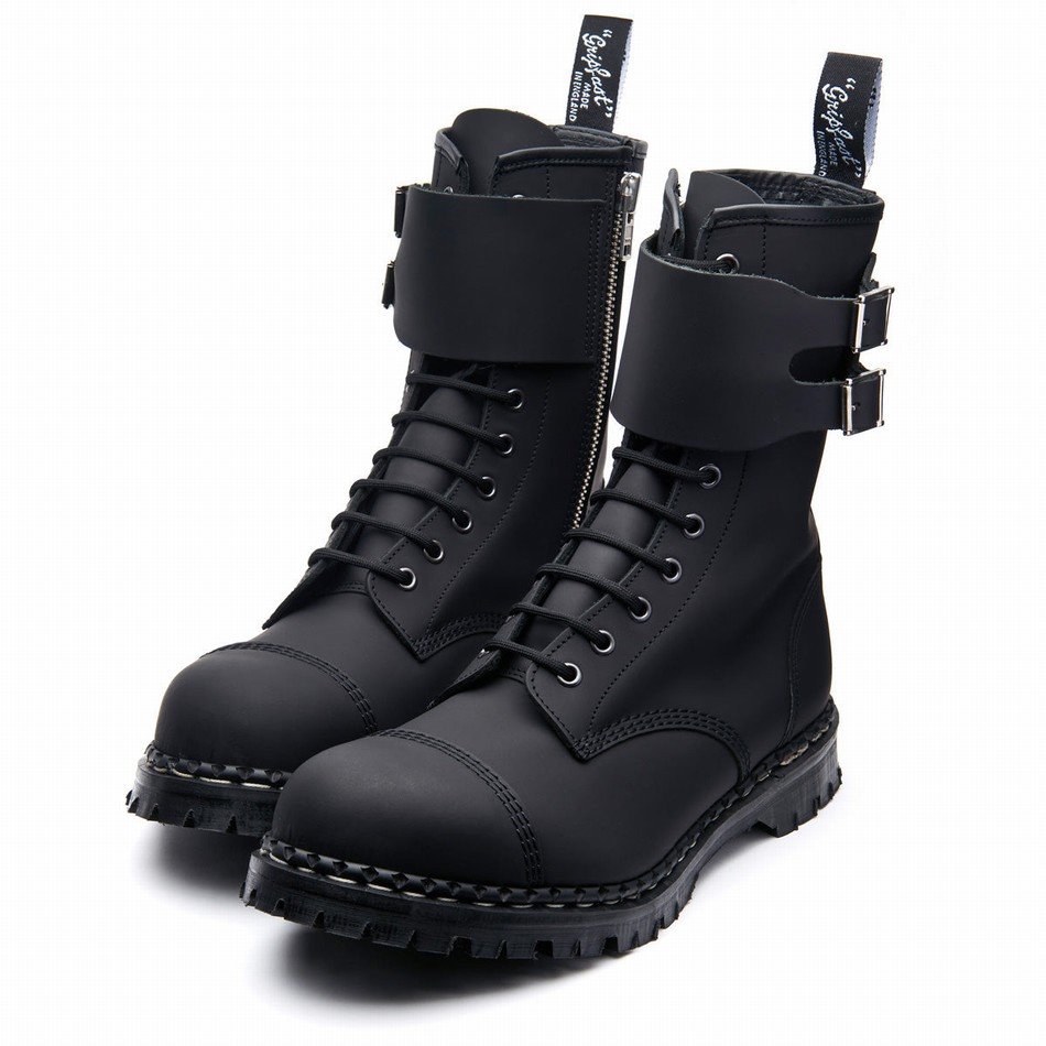 Solovair Greasy 10 Eye Steel Toe Capped Zip Twin Strap Uomo Stivali Derby Nere | GF10-1982-BG-ZIP-045