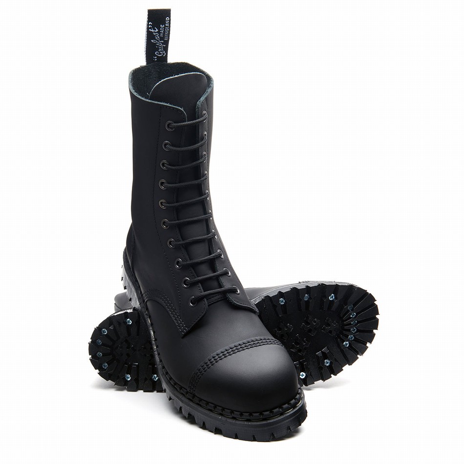 Solovair Greasy 10 Eye Steel Toe Capped Donna Stivali Derby Nere | GF10-1980-BG-040