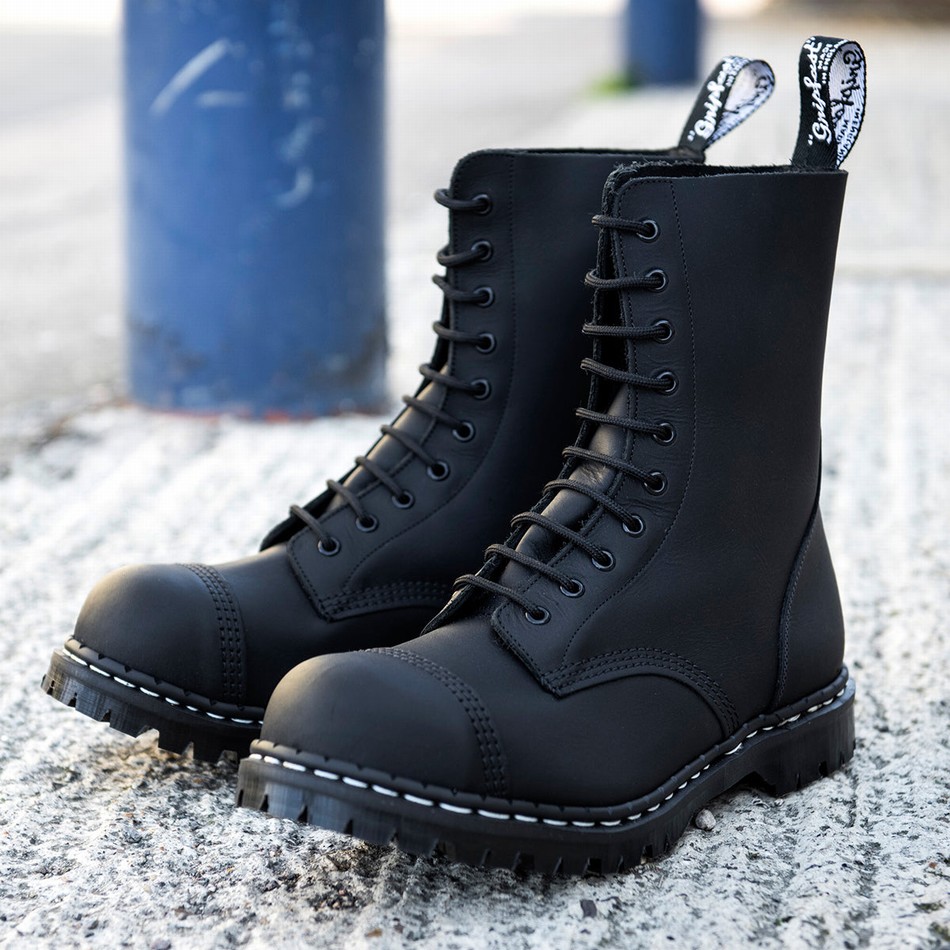Solovair Greasy 10 Eye Steel Toe Capped Donna Stivali Derby Nere | GF10-1980-BG-040