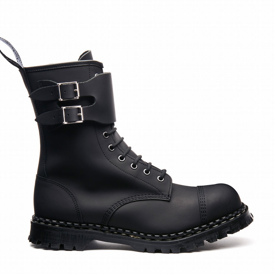 Solovair Greasy 10 Eye Steel Toe Capped Twin Strap Uomo Stivali Derby Nere | GF10-1982-BG-040