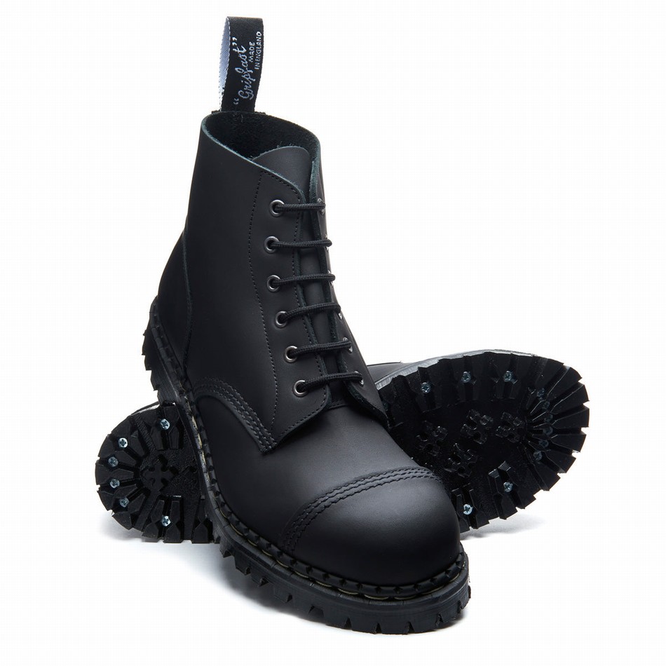 Solovair Greasy 6 Eye Steel Toe Capped Uomo Stivali Derby Nere | GF6-1710-BG-030