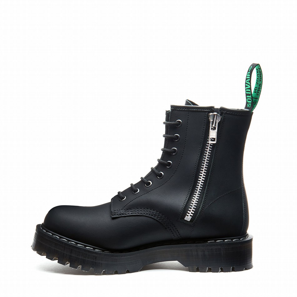 Solovair Greasy 8 Eye Zipped Platform Donna Stivali Derby Nere | S8-551-BG-ZIP-HIGH-G-030