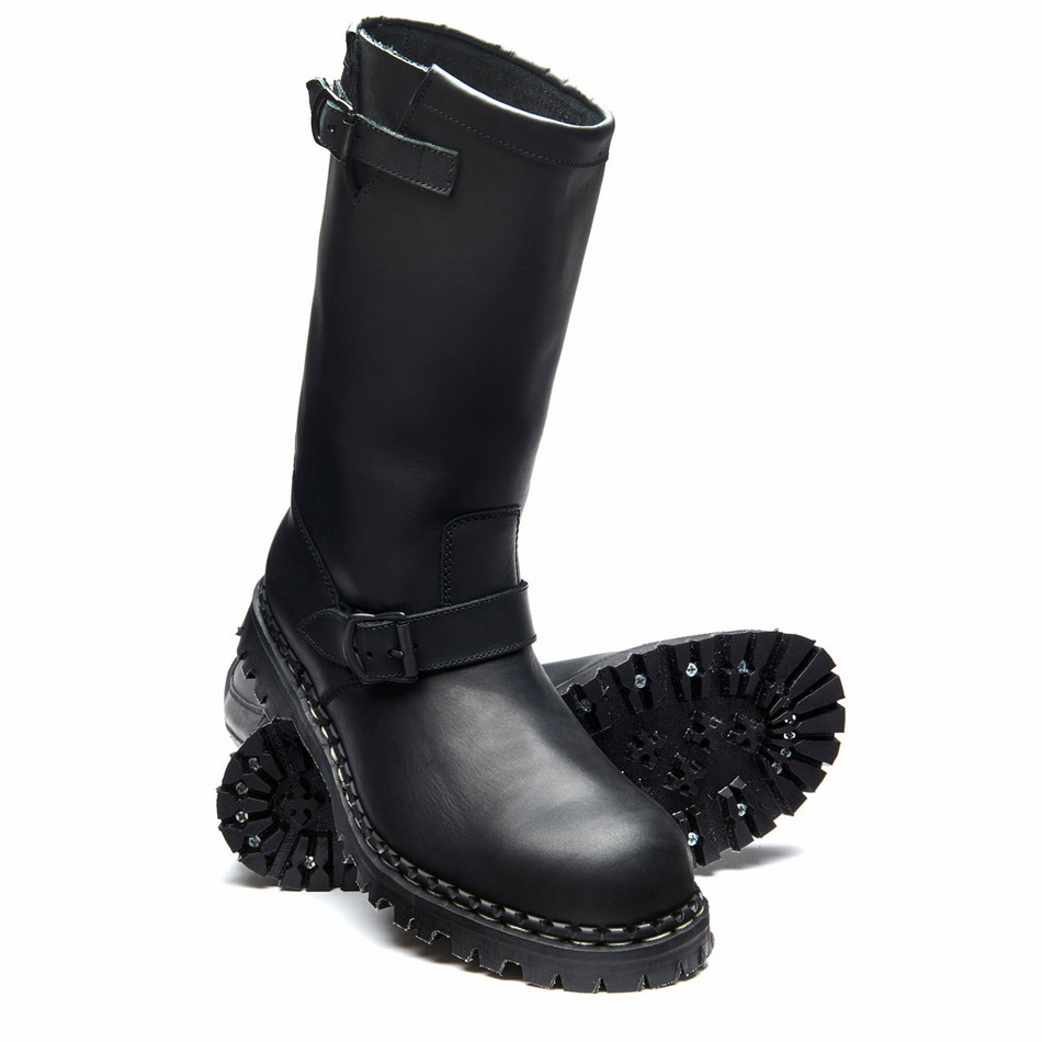 Solovair Greasy Steel Toe Capped Donna Stivali Motociclista Nere | GF0-11000-BG-035