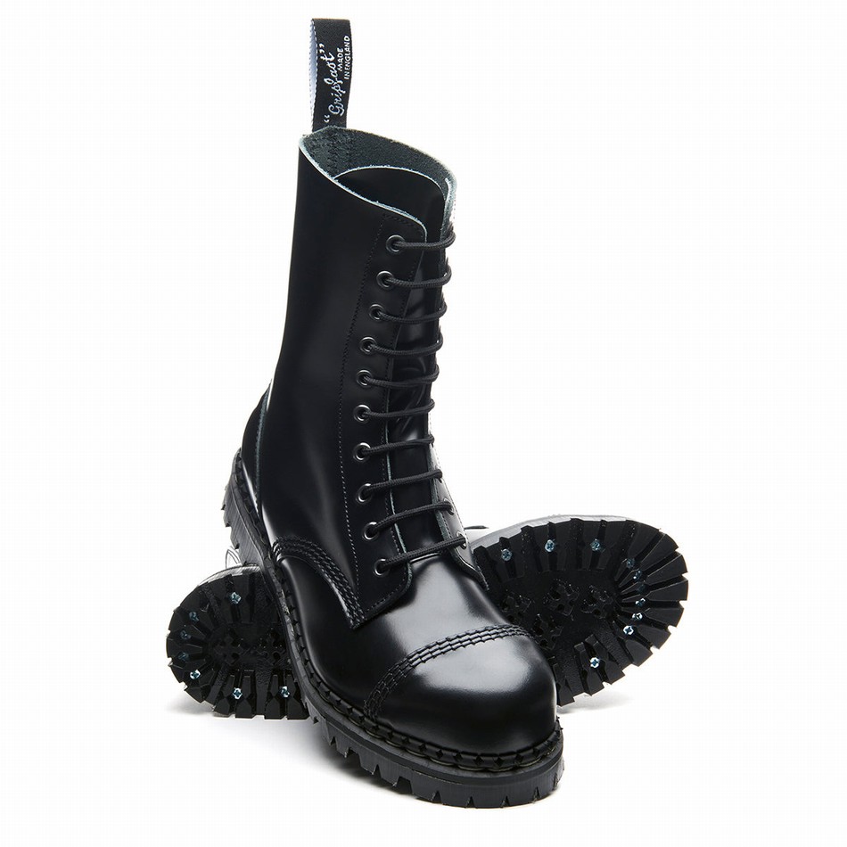 Solovair Hi-Shine 10 Eye Steel Toe Capped Uomo Stivali Derby Nere | GF10-1980-BK-030