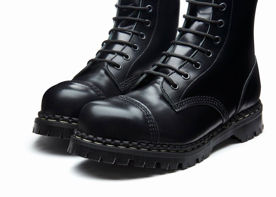 Solovair Hi-Shine 10 Eye Steel Toe Capped Uomo Stivali Derby Nere | GF10-1980-BK-030