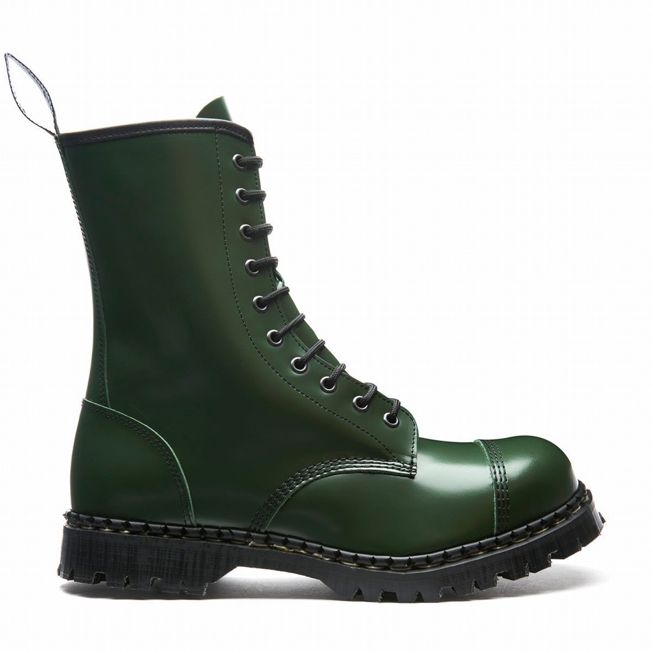Solovair Hi-Shine 10 Eye Steel Toe Capped Zip Uomo Stivali Derby Verdi | GF10-1980-GN-ZIP-035