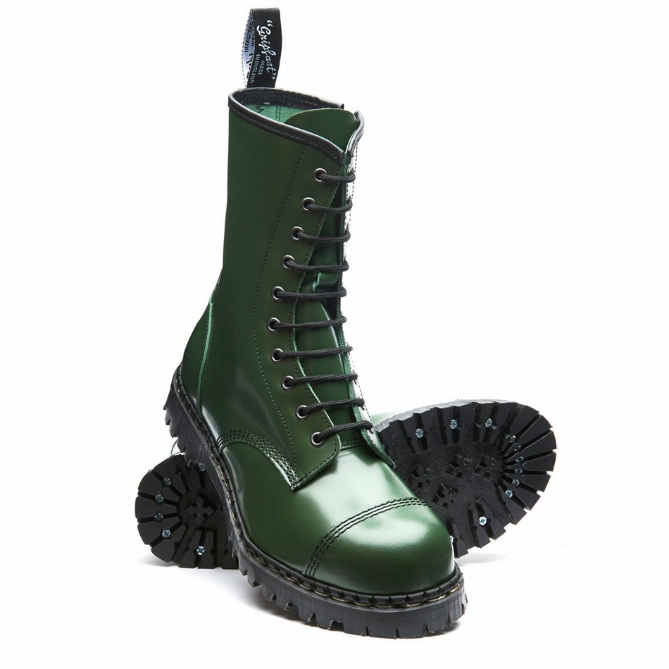 Solovair Hi-Shine 10 Eye Steel Toe Capped Zip Uomo Stivali Derby Verdi | GF10-1980-GN-ZIP-035