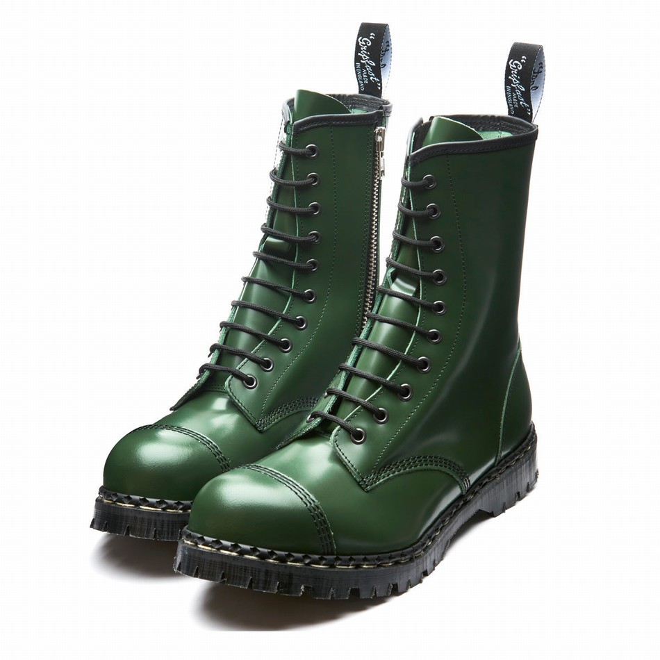 Solovair Hi-Shine 10 Eye Steel Toe Capped Zip Uomo Stivali Derby Verdi | GF10-1980-GN-ZIP-035