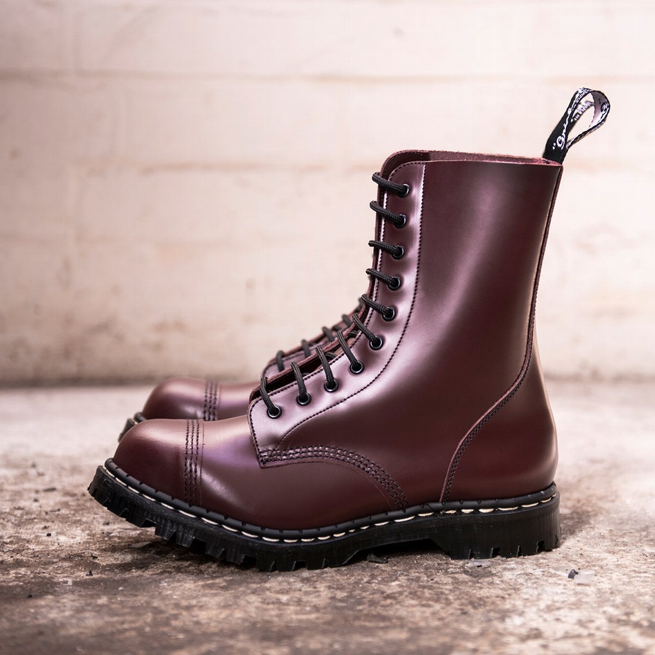 Solovair Hi-Shine 10 Eye Steel Toe Capped Donna Stivali Derby Rosse | GF10-1980-OX-035