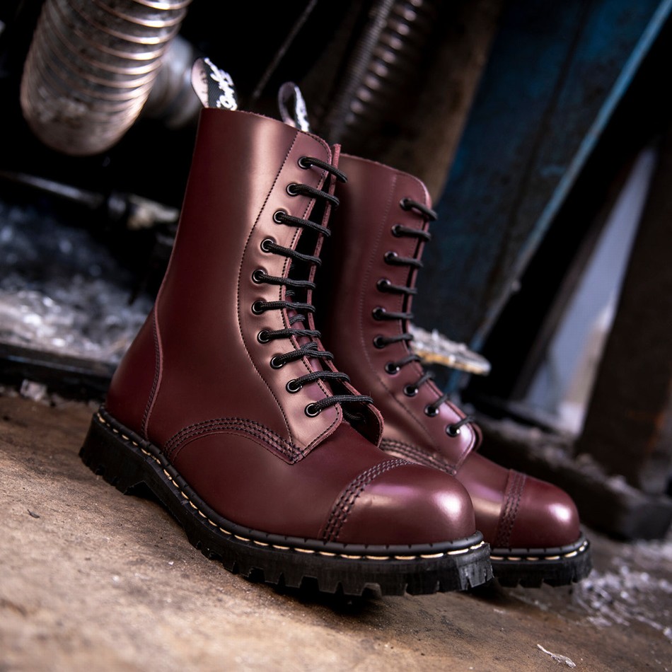 Solovair Hi-Shine 10 Eye Steel Toe Capped Donna Stivali Derby Rosse | GF10-1980-OX-035