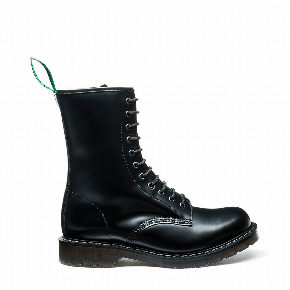 Solovair Hi-Shine 11 Eye Zip Donna Stivali Derby Nere | S11-981-BK-ZIP-G-030