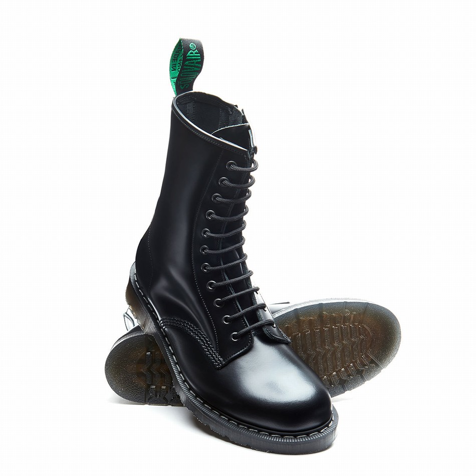 Solovair Hi-Shine 11 Eye Zip Donna Stivali Derby Nere | S11-981-BK-ZIP-G-030