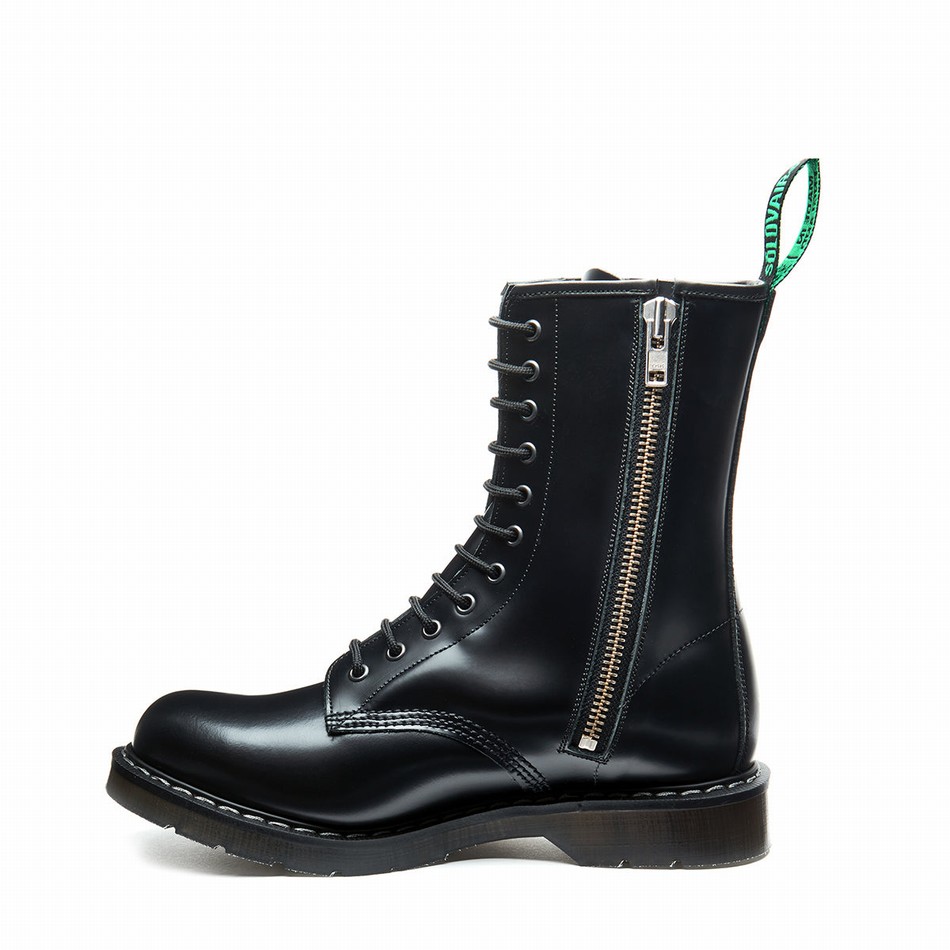 Solovair Hi-Shine 11 Eye Zip Donna Stivali Derby Nere | S11-981-BK-ZIP-G-030