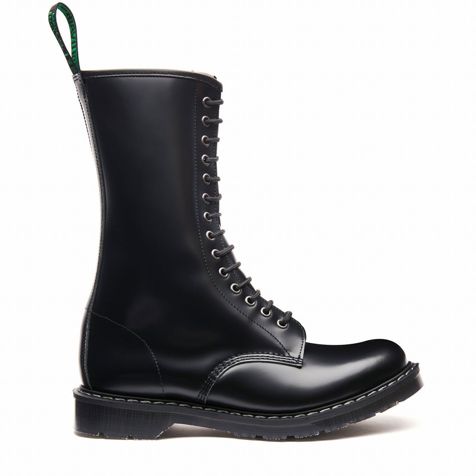 Solovair Hi-Shine 14 Eye Zip Uomo Stivali Derby Nere | S14-14-BK-ZIP-G-030