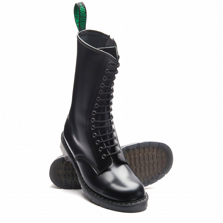Solovair Hi-Shine 14 Eye Zip Uomo Stivali Derby Nere | S14-14-BK-ZIP-G-030