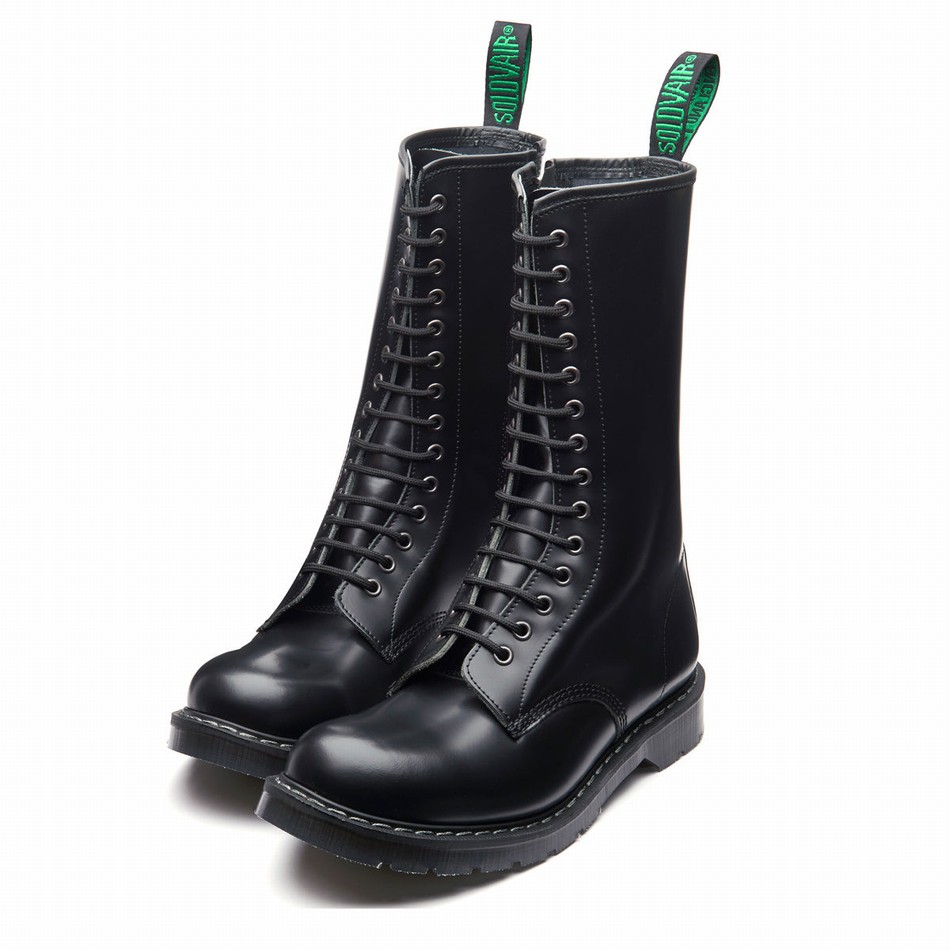 Solovair Hi-Shine 14 Eye Zip Uomo Stivali Derby Nere | S14-14-BK-ZIP-G-030