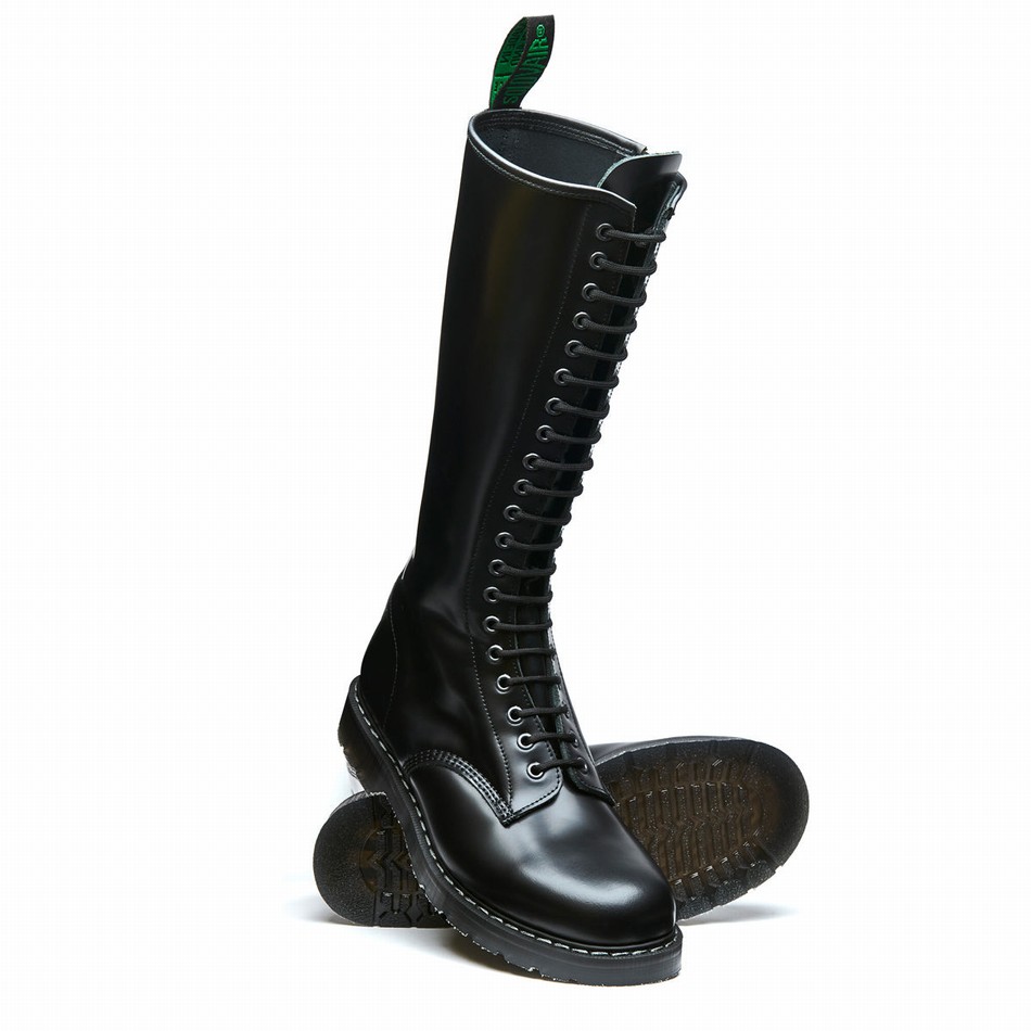 Solovair Hi-Shine 20 Eye Zip Uomo Stivali Derby Nere | S20-20-BK-ZIP-G-030