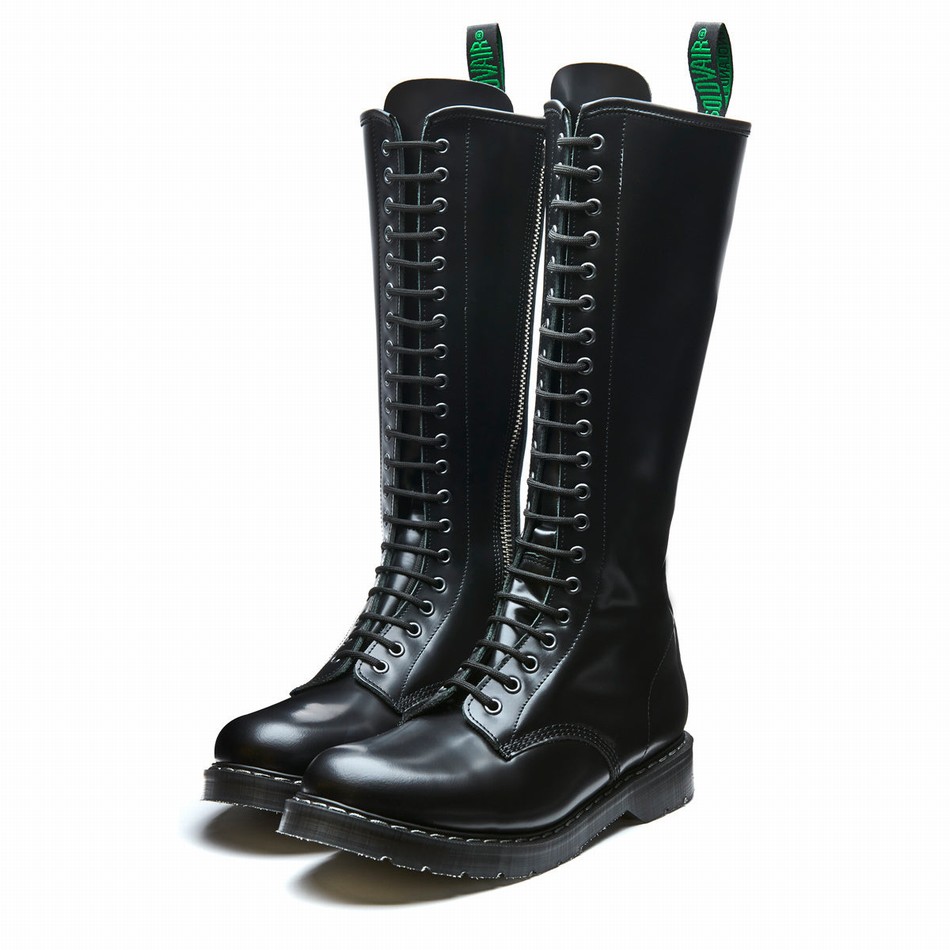 Solovair Hi-Shine 20 Eye Zip Uomo Stivali Derby Nere | S20-20-BK-ZIP-G-030