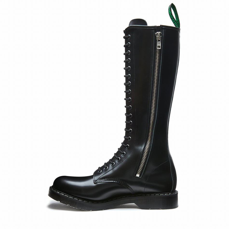Solovair Hi-Shine 20 Eye Zip Uomo Stivali Derby Nere | S20-20-BK-ZIP-G-030