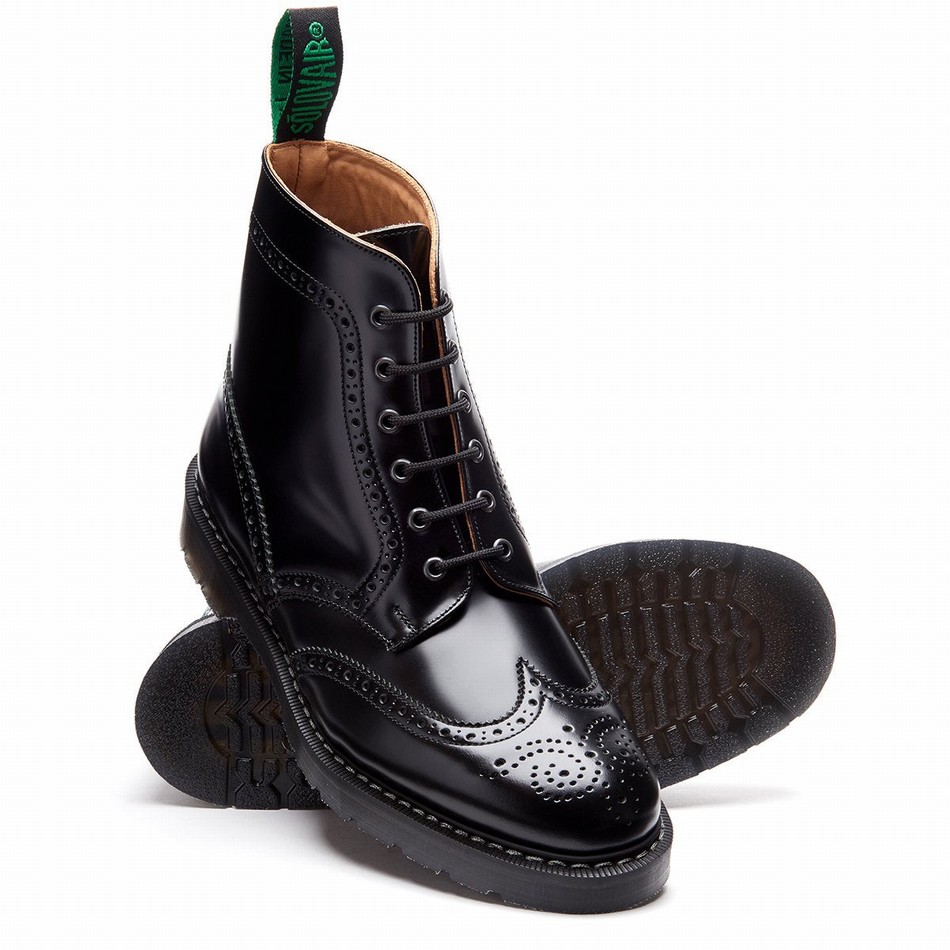 Solovair Hi-Shine 6 Eye Donna Stivali Brogue Nere | S6-019-BK-G-030