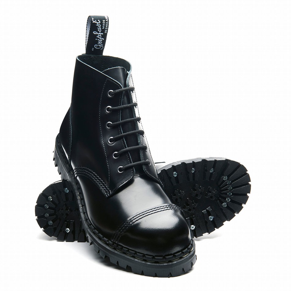 Solovair Hi-Shine 6 Eye Steel Toe Capped Uomo Stivali Derby Nere | GF6-1710-BK-030