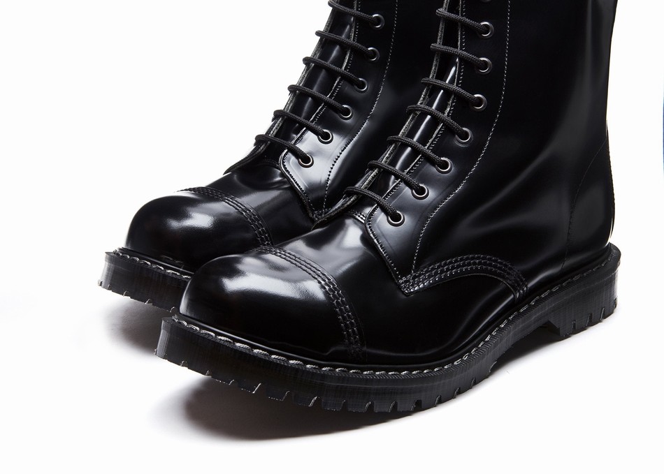 Solovair Hi-Shine 8 Eye Steel Toe Uomo Stivali Derby Nere | SC8-1550-BK-G-070