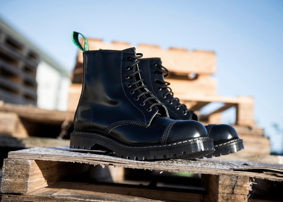 Solovair Hi-Shine 8 Eye Steel Toe Uomo Stivali Derby Nere | SC8-1550-BK-G-070