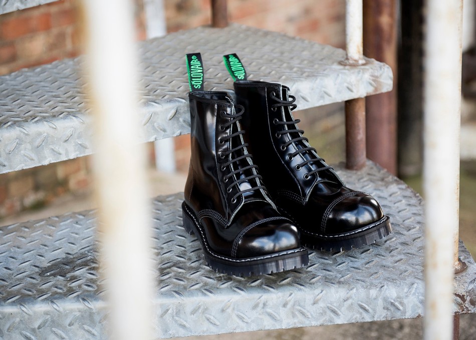 Solovair Hi-Shine 8 Eye Steel Toe Uomo Stivali Derby Nere | SC8-1550-BK-G-070