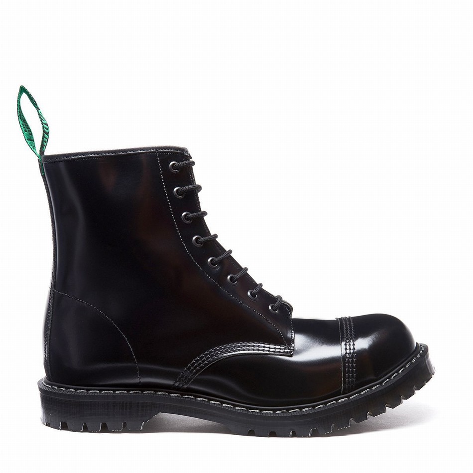 Solovair Hi-Shine 8 Eye Steel Toe Uomo Stivali Derby Nere | SC8-1550-BK-G-070
