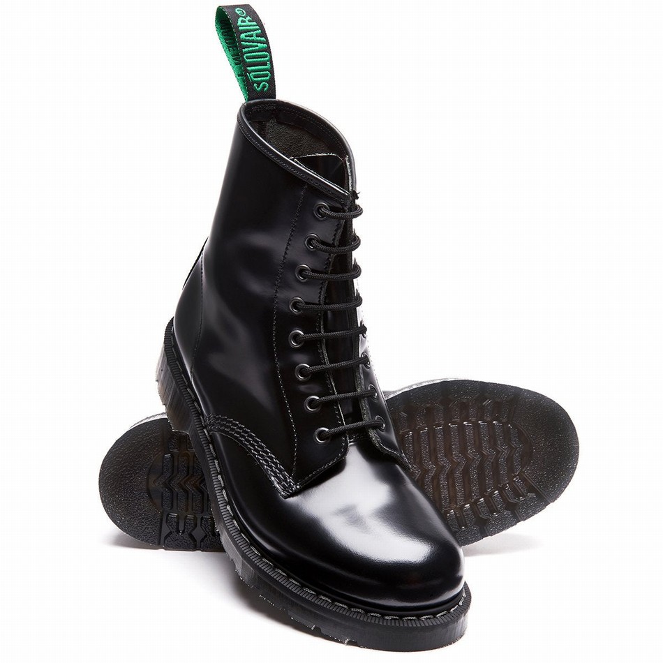 Solovair Hi-Shine 8 Eye Uomo Stivali Derby Nere | S8-551-BK-G-030