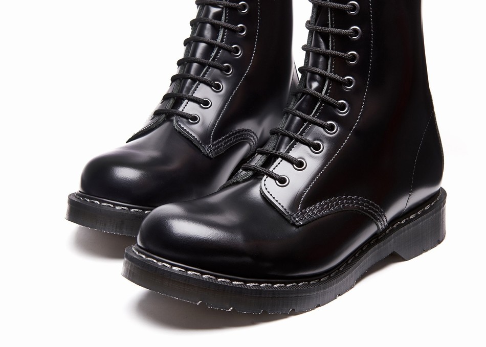 Solovair Hi-Shine 8 Eye Uomo Stivali Derby Nere | S8-551-BK-G-030