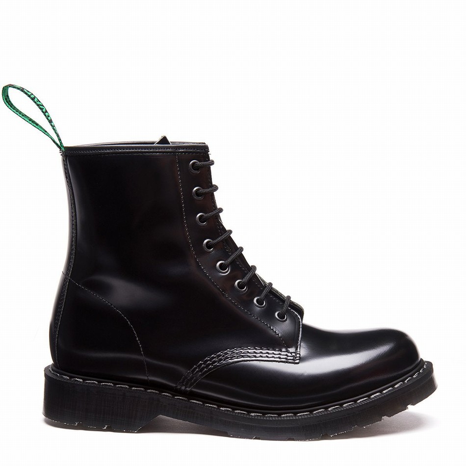 Solovair Hi-Shine 8 Eye Uomo Stivali Derby Nere | S8-551-BK-G-030