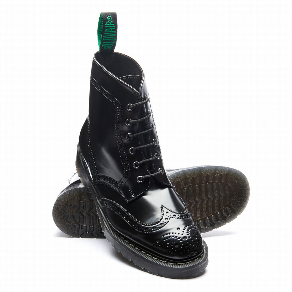 Solovair Hi-Shine Vegan 6 Eye Derby Donna Stivali Brogue Nere | VS6-019-BK-VEG-G-030