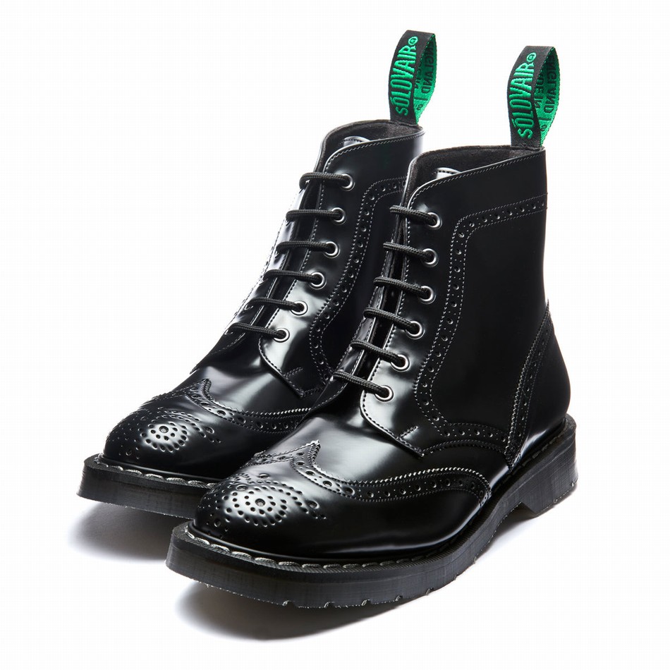 Solovair Hi-Shine Vegan 6 Eye Derby Donna Stivali Brogue Nere | VS6-019-BK-VEG-G-030