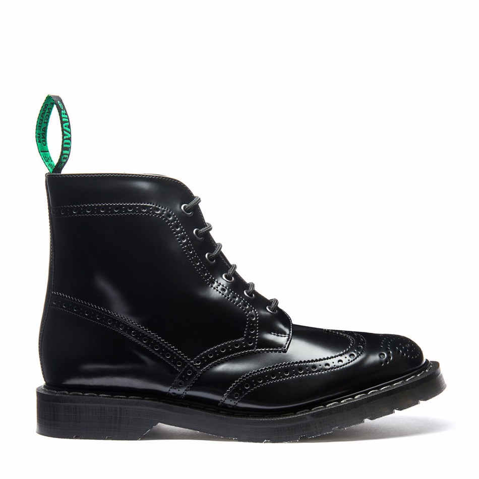Solovair Hi-Shine Vegan 6 Eye Derby Donna Stivali Brogue Nere | VS6-019-BK-VEG-G-030