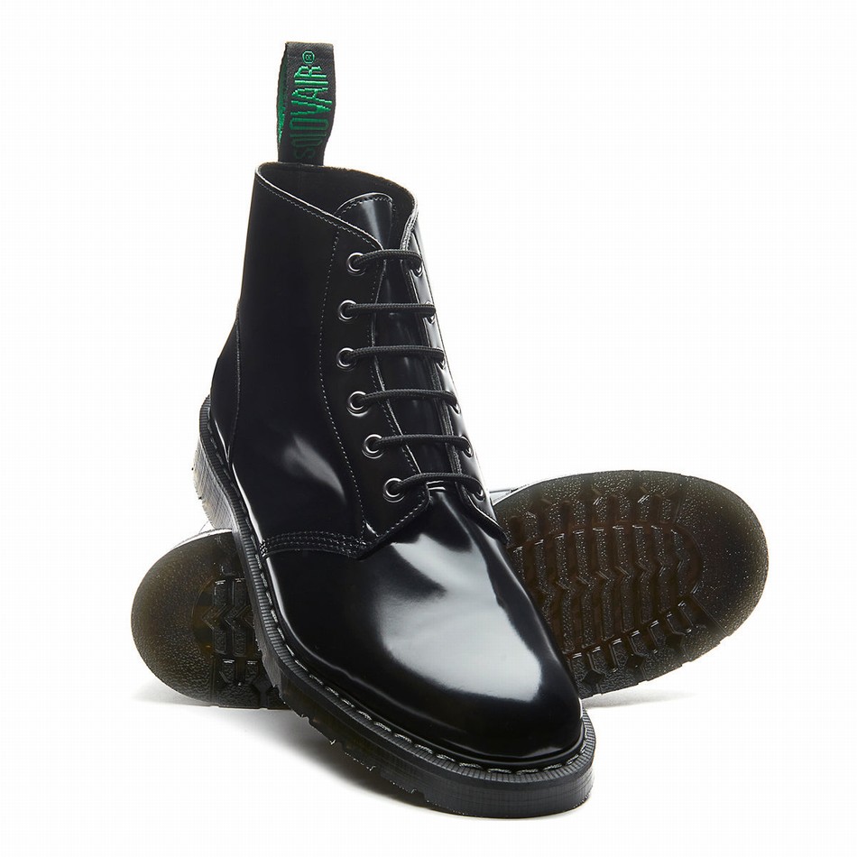 Solovair Hi-Shine Vegan 6 Eye Donna Stivali Astronauti Nere | VS6-969-BK-VEG-G-030