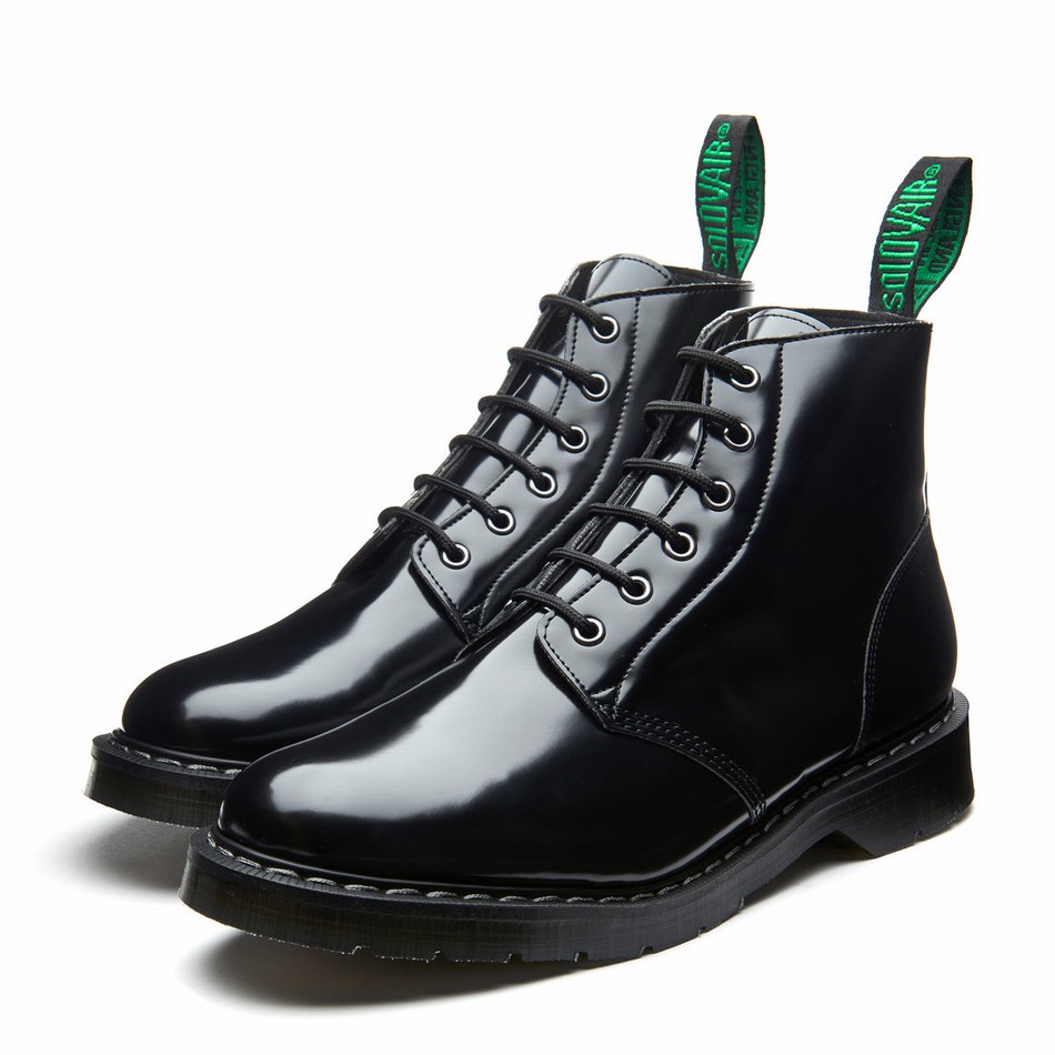 Solovair Hi-Shine Vegan 6 Eye Donna Stivali Astronauti Nere | VS6-969-BK-VEG-G-030