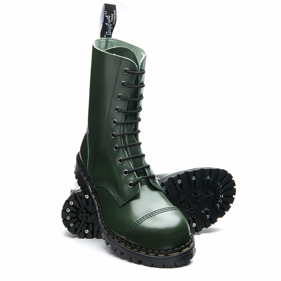 Solovair Hi Shine 10 Eye Steel Toe Capped Donna Stivali Derby Verdi | GF10-1980-GN-035