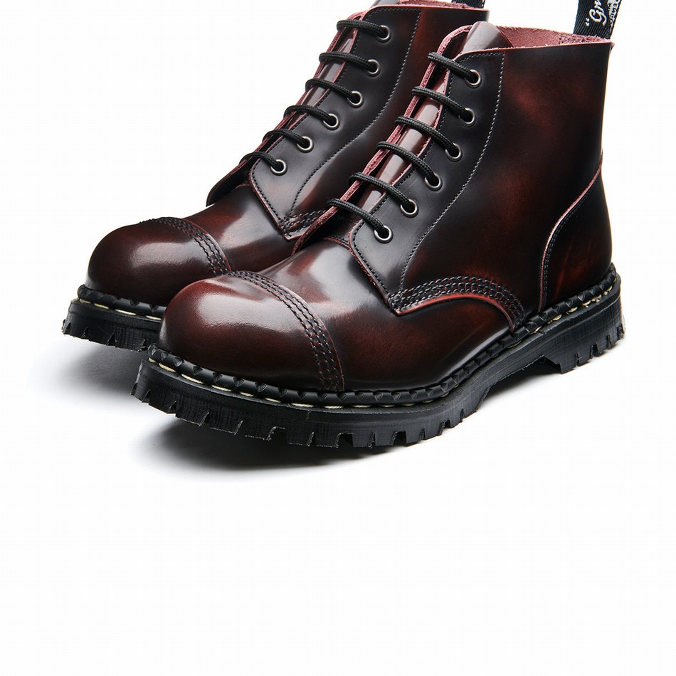 Solovair Rub-Off 6 Eye Steel Toe Capped Uomo Stivali Derby Bordeaux | GF6-1710-BUR-RO-030