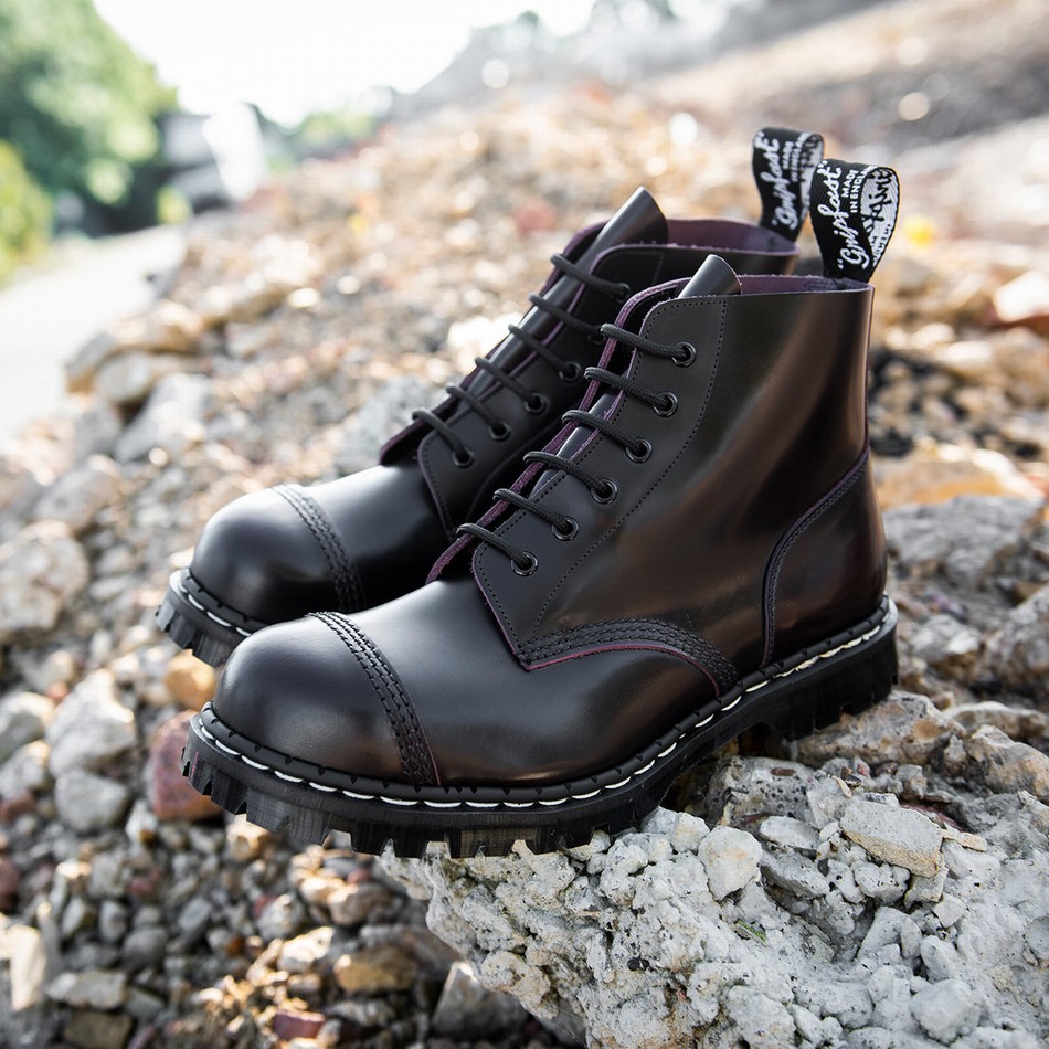 Solovair Rub-Off 6 Eye Steel Toe Capped Uomo Stivali Derby Bordeaux | GF6-1710-BUR-RO-030