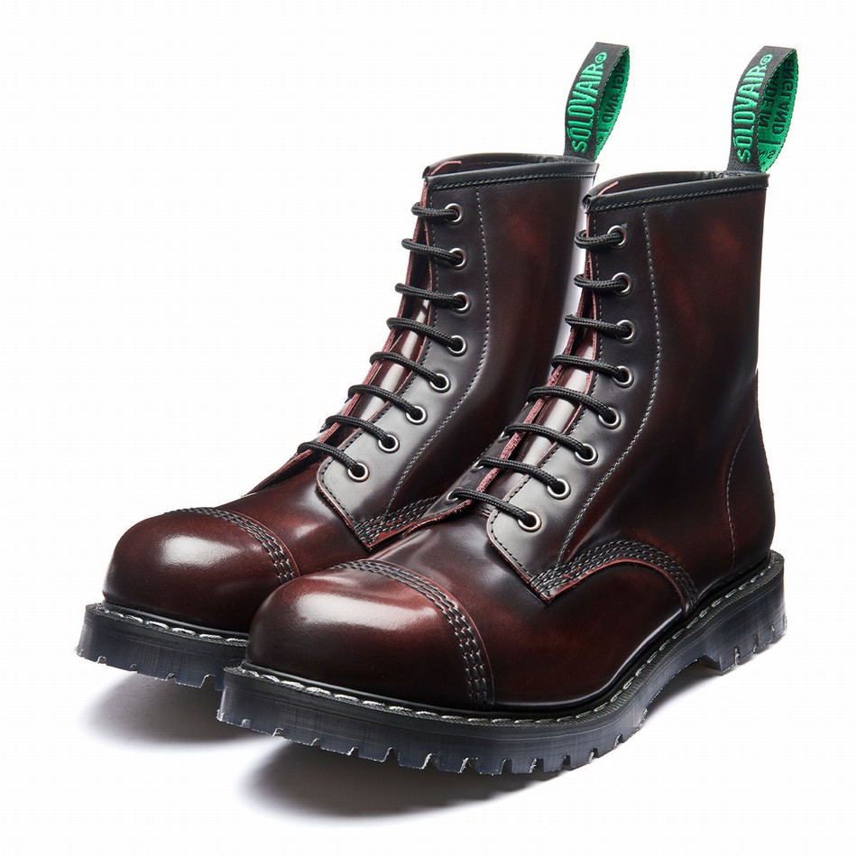 Solovair Rub-Off 8 Eye Steel Toe Uomo Stivali Derby Bordeaux | SC8-1550-BUR-G-060