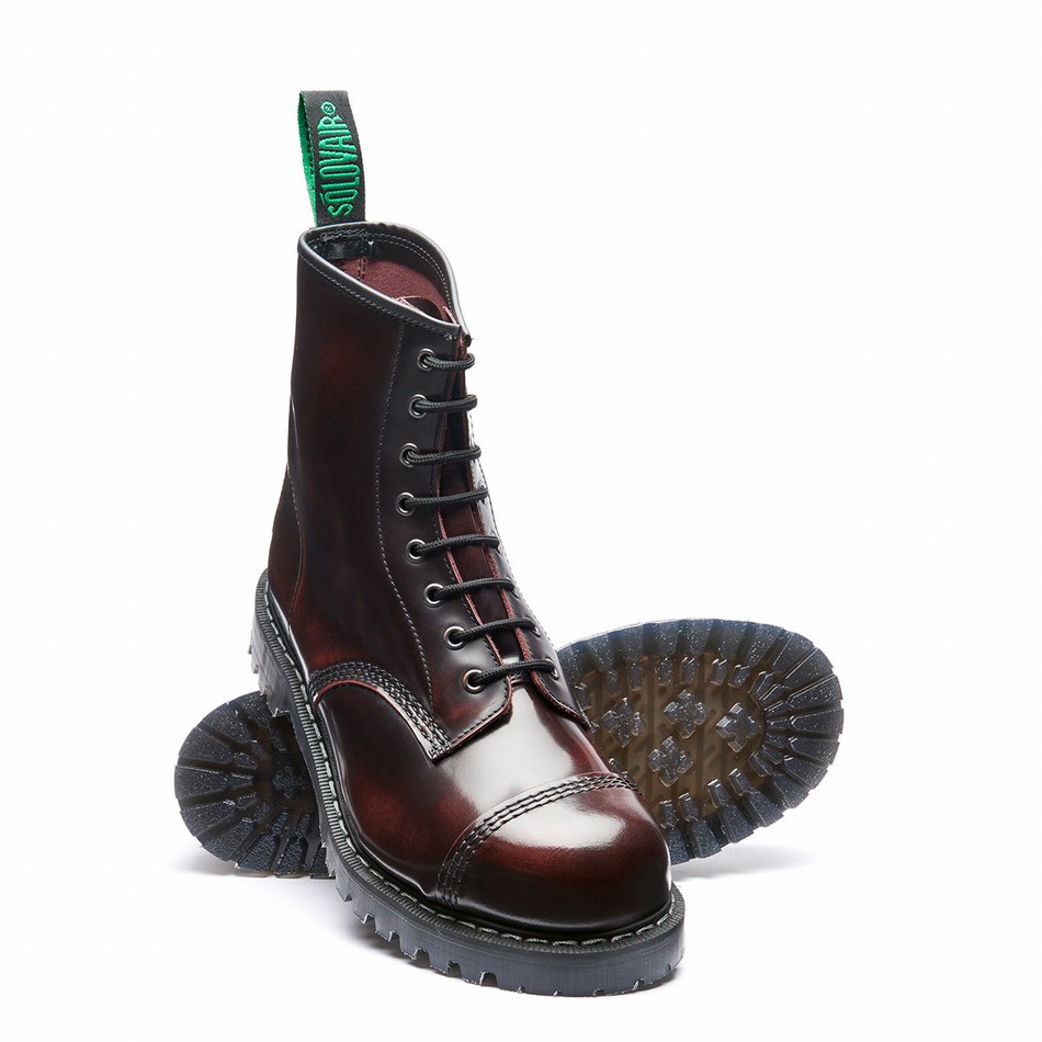 Solovair Rub-Off 8 Eye Steel Toe Uomo Stivali Derby Bordeaux | SC8-1550-BUR-G-060